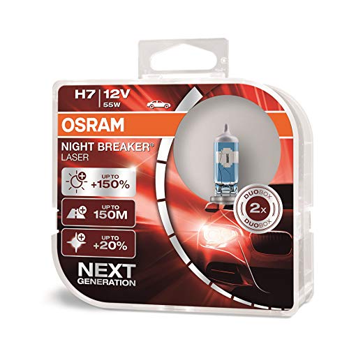 OSRAM NIGHT BREAKER LASER H7, Gen 2, +150% más luz, bombillas H7 para faros delanteros, 64210NL-HCB, 12V, duo box (2 lámparas)