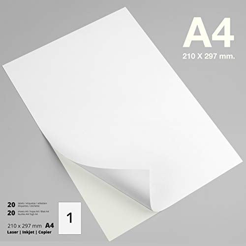PACKLIST 20 Etiquetas Adhesivas A4 Blancas, 210 x 297 mm. 20 Hojas Papel Pegatina para Imprimir A4 de Calidad, 1 Etiqueta por Hoja - Papel Adhesivo para Imprimir - Papel de Pegatina para Imprimir FSC