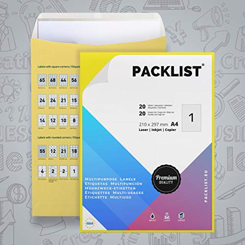 PACKLIST 20 Etiquetas Adhesivas A4 Blancas, 210 x 297 mm. 20 Hojas Papel Pegatina para Imprimir A4 de Calidad, 1 Etiqueta por Hoja - Papel Adhesivo para Imprimir - Papel de Pegatina para Imprimir FSC