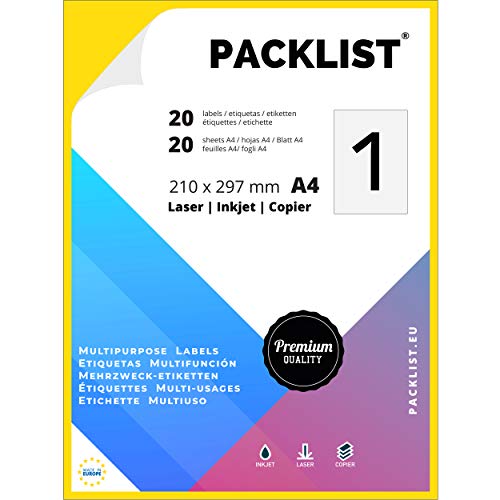 PACKLIST 20 Etiquetas Adhesivas A4 Blancas, 210 x 297 mm. 20 Hojas Papel Pegatina para Imprimir A4 de Calidad, 1 Etiqueta por Hoja - Papel Adhesivo para Imprimir - Papel de Pegatina para Imprimir FSC