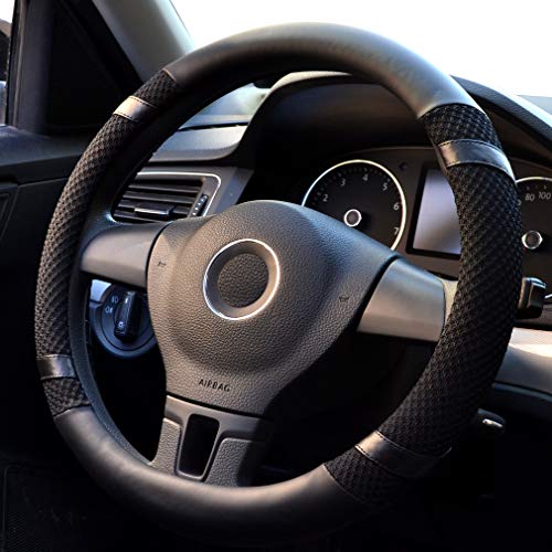 Pahajim Cubierta de volante de cuero de microfibra para automóvil Seda del Hielo Respirable Coche 38 cm,Universal,Antideslizante,Confortable(Negro) …