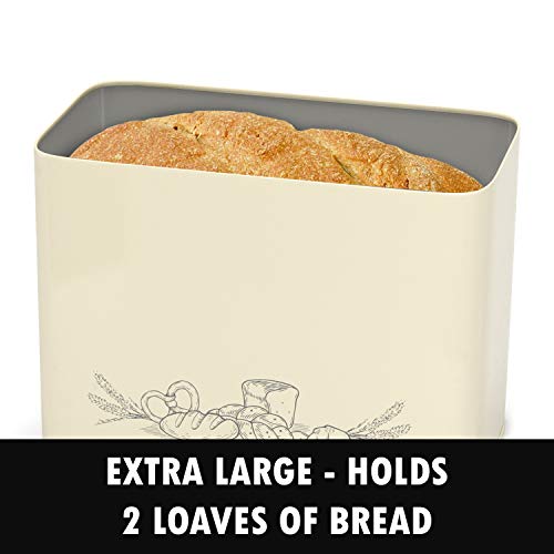 Panera Vintage Extra Grande con Tapa con Función de Tabla de Cortar de Bambú Ecológico – Caja Metálica con Capaci-dad para 2 Panes – Paneras Para Guardar el Pan Estilo Rústico en Color Crema