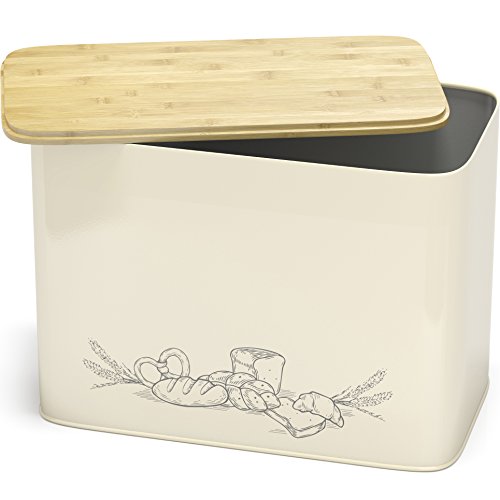 Panera Vintage Extra Grande con Tapa con Función de Tabla de Cortar de Bambú Ecológico – Caja Metálica con Capaci-dad para 2 Panes – Paneras Para Guardar el Pan Estilo Rústico en Color Crema