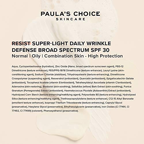 Paula's Choice Resist Crema Hidratante Facial FPS 30 - Crema Solar Antiedad, Antiarrugas y Matifica la Piel - con Óxido de Zinc & Resveratrol - Pieles Mixtas a Grasas - 60 ml