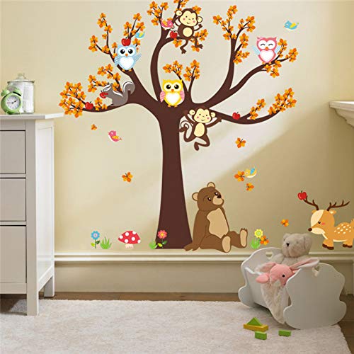 pegatinas de pared frases Dibujos animados animales oso mono búhos árbol etiqueta de la pared para jardín de infantes sala de niños decoración calcomanías de otoño paisaje del arte mural 98 * 92 cm