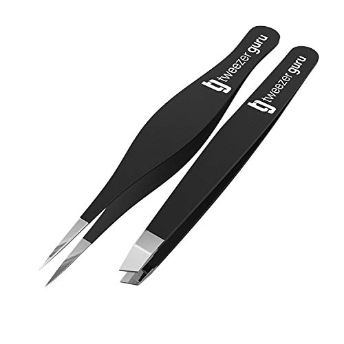 Pinzas de Depilar Profesionales Tweezer Guru Para Cejas (Set de 2) – Pinza Punta Acero Inoxidable – Gran Precisión para Pelos Faciales, Pelos Encarnados, Espinillas y Astillas (Negro)