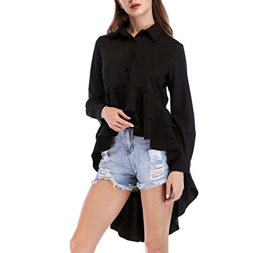 PKTOP Blusa de manga larga asimétrica con dobladillo de volantes para mujer Negro Negro ( L