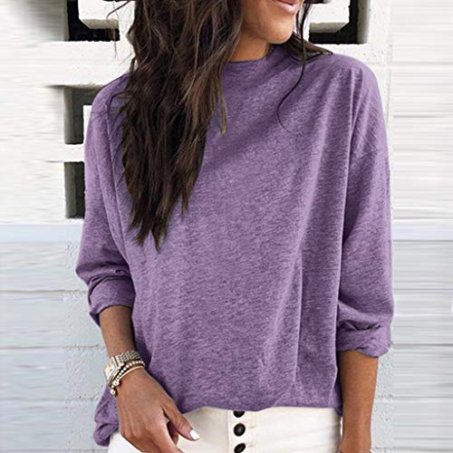 PKTOP Sudaderas casuales de manga larga con cuello en O para mujer, color sólido, de algodón Morado Morado ( M