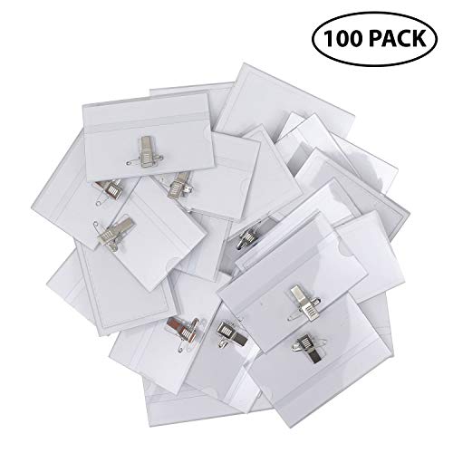 Porta Tarjetas Identificativas Transparente (Pack de 100) - 9cm x 5,7cm Tarjeta de Identificación Horizontal - Portanombres con Pin Imperdible y Pinza Cocodrilo para Escuela, Oficina, Universidad