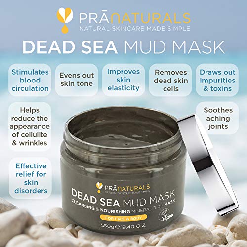 PraNaturals 550g Mascarilla Facial y Corporal 100% Natural y Orgánica con Barro del Mar Muerto, Rica en Minerales Nutritivos, Hidrata y Desintoxica la Piel, Exfolia Células Muertas de la Piel