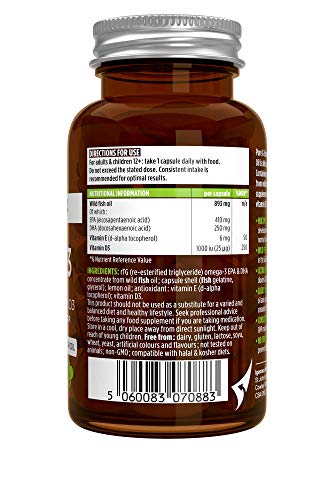 Pure & Essential Aceite de Pescado Salvaje Omega-3 410 mg EPA y 250 mg DHA por cápsula y Vitamina D3, sabor a limón, 60 cápsulas