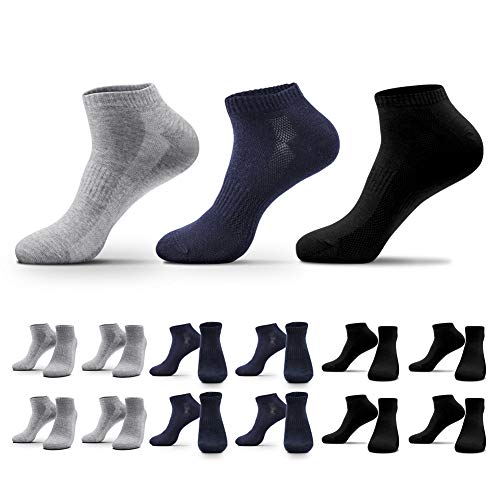 QINCAO - 12 pares de calcetines para hombre, unisex, color negro, blanco y gris Negro X 4 + azul marino X 4 + gris X 4 43-46