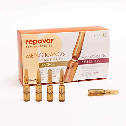 Repavar METAGLICANOS Anti Edad más Cellrenew,  tratamiento facial día y noche.  15 ampollas antiedad con vitamina C y 15 de de renovación celular con Rosa Mosqueta.