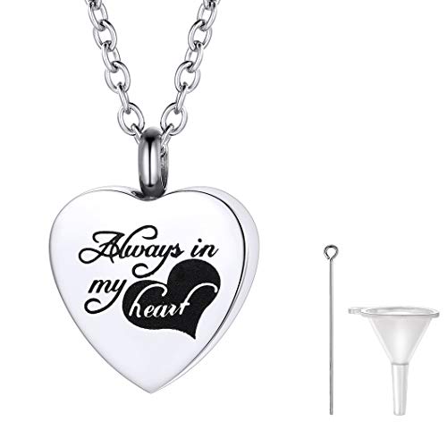 Richsteel Personalizado Guardapelo Siempre en mi Corazón Acero Inoxidable Collar Ajustable Colgantes para Cenizas Relicario Perfume Urna de cremación Servicio Grabar Gratis Caja de Regalo