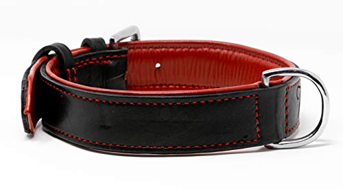 Riparo - Collar ajustable de piel auténtica acolchada para perro K-9 (3,8 cm de ancho, para cuello de 45,7 cm a 53,3 cm (grande, hilo negro/rojo)
