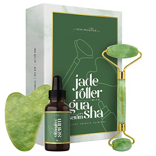 Rodillo de Jade y Gua Sha, Masajeador Facial Con Sérum Vitamina C y de Aceite de Ricino - Rodillo Doble Antienvejecimiento, Sérum 30ml Hidratante Antiedad, Rejuvenece Piel De Cara, Cuello y Cuerpo