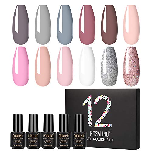 ROSALIND Esmaltes Semipermanentes de Uñas en Gel UV LED, 12pcs kit de Esmalte de Uñas Pintauñas 7ml (001)