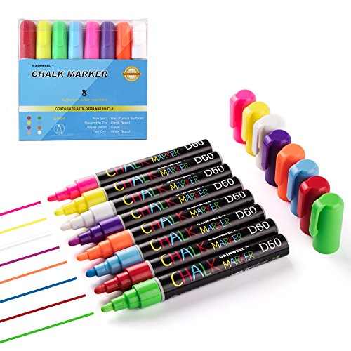 Rotuladores de Tiza Líquida GAINWELL-8 Llamativos Colores-Punta 6mm- para Superficies no Porosas-Pizarra, Vidrio, Cerámica-Sin Manchas o Polvo de Tiza