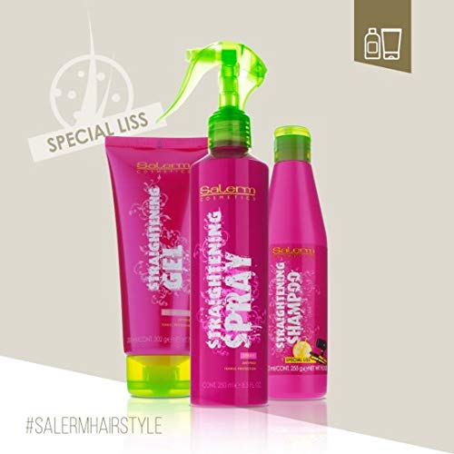 Salerm Straightening Champu 250ml + Gel Protección Térmica Antifrizz 200ml + Spray Facilita el Alisado con Plancha 250ml