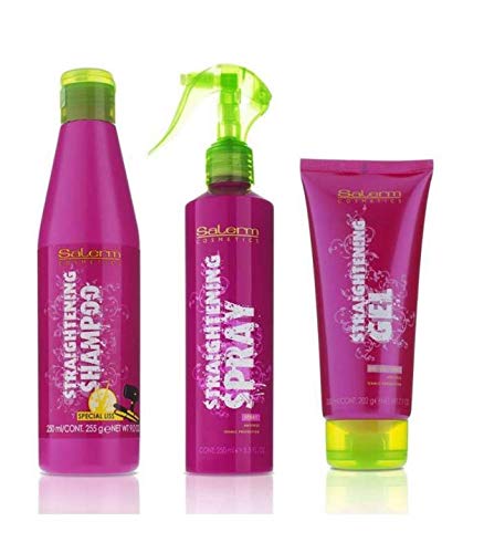 Salerm Straightening Champu 250ml + Gel Protección Térmica Antifrizz 200ml + Spray Facilita el Alisado con Plancha 250ml