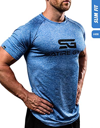 Satire Gym Camiseta de Fitness para Hombre - Ropa Deportiva Funcional - Adecuada para Workout, Entrenamiento - Slim fit (Azul Moteado, XL)