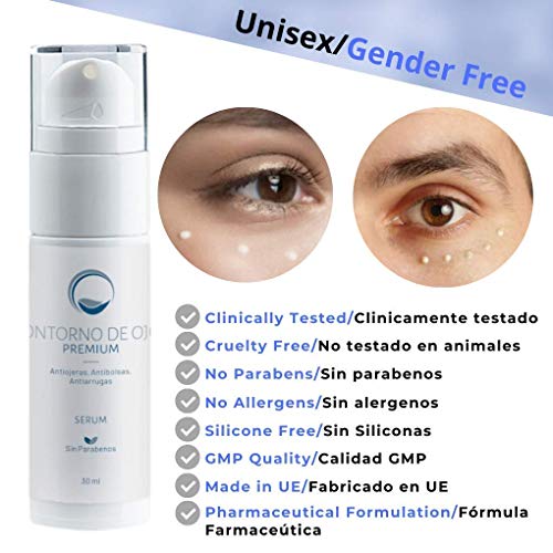 Serum Contorno de Ojos Antiarrugas Antiojeras Antibolsas Efecto Lifting que Alisa e Ilumina - Con Hialuronico Gynseng Cafeína y Eyeliss - Farmaceutico - 30 ml