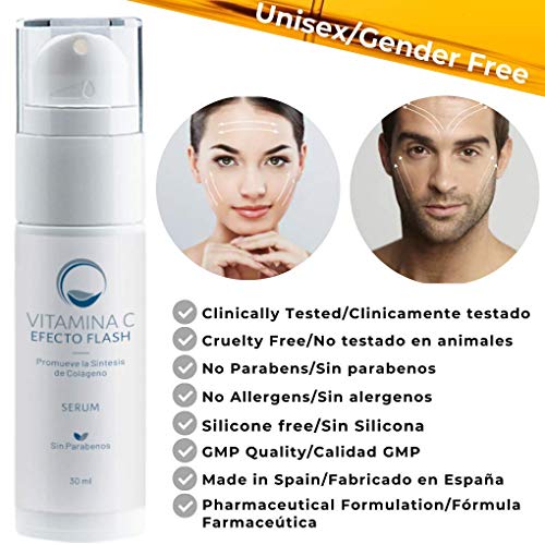 Serum facial vitamina C Efecto flash 30 ml - Antiedad Antiarrugas Antimanchas Iluminador - Hidratante Tonifica y Reafirma - No graso - Textura gel - Unisex