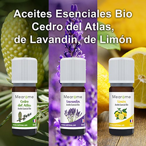 Set de Aceites Esenciales 100% Naturales Bio | Para Humificador Difusor, Aromaterapia | Menta, Lavanda, Eucalipto, Cedro de Atlas, Citronela, Naranja, Limón, Lavandín | Mearome Fabricado en Francia