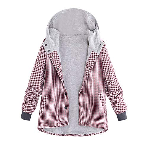 SHOBDW Mujer Sudadera con Capucha de Manga Larga de Manga Larga Estampado A Cuadros Enrejados Bolsillos Chaquetas de Punto Vintage Chaquetas de Invierno de Gran Tamaño Cálido(Rojo,Medium)