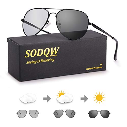 SODQW gafas de sol fotocromaticas polarizadas hombre 100% UVA/UVB Protección (Gafas polarizadas fotocromáticas con marco negro)