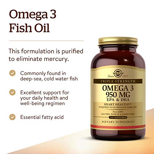 Solgar Omega 3 Triple concentración, Apoyo al Cuidado del Corazón, Aceite de Pescado Concentrado de Aguas Frías que aporta EPA y DHA, 100 Cápsulas