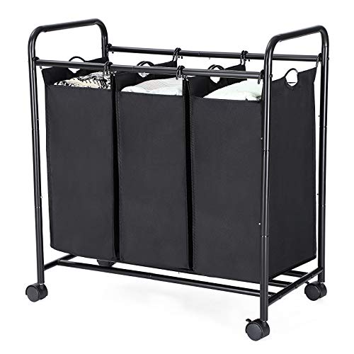 SONGMICS Carrito de Lavandería, Cesta de lavandería, Colector de Ropa con 3 Bolsas de Tela Extraíbles, Clasificador de Ropa, Robusto, 3 x 44 litros, Negro LSF003B