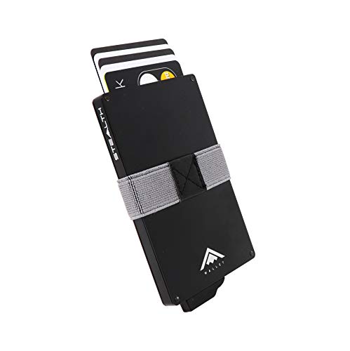 STEALTH WALLET Minimalista Portatarjetas RFID - Carteras de Tarjeta de Crédito de Metal Delgado y Ligero con Clip Elástico para Dinero y Protección de Bloque NFC (Aluminio Negro)