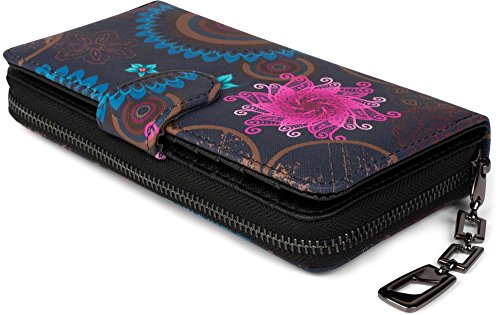 styleBREAKER Monedero con Motivo de Flores étnicas y floración, diseño Vintage, Cremallera, Mujeres 02040040, Color:Azul Oscuro-Azul-Fucsia