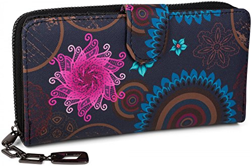 styleBREAKER Monedero con Motivo de Flores étnicas y floración, diseño Vintage, Cremallera, Mujeres 02040040, Color:Azul Oscuro-Azul-Fucsia