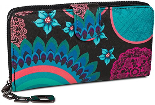 styleBREAKER Monedero con Motivo de Flores étnicas y floración, diseño Vintage, Cremallera, Mujeres 02040040, Color:Negro-Turquesa-Azul