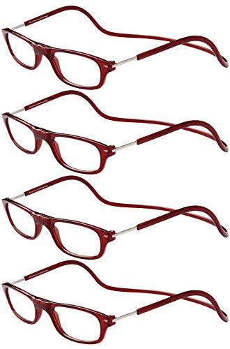 TBOC Gafas de Lectura Presbicia Vista Cansada – [Pack 4 Unidades] Montura Burdeos Graduadas +1.00 Dioptrías Hombre Mujer Regulables Plegables Imantadas Lentes Aumento Leer Ver Cerca Cuello Imán