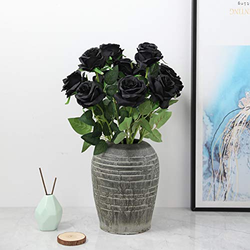 Tifuly 12 PCS Rosas Artificiales, Realista Largo Tallo Falso Rosa Seda Nupcial Ramo de Novia Flor para Home Garden Party Hotel Decoración (Negro)