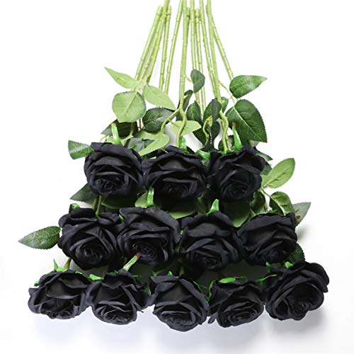 Tifuly 12 PCS Rosas Artificiales, Realista Largo Tallo Falso Rosa Seda Nupcial Ramo de Novia Flor para Home Garden Party Hotel Decoración (Negro)