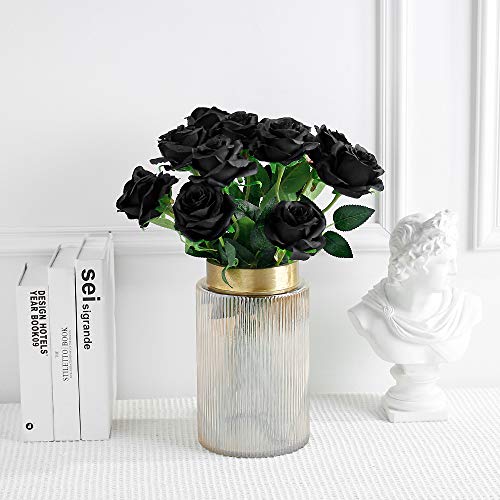 Tifuly 12 PCS Rosas Artificiales, Realista Largo Tallo Falso Rosa Seda Nupcial Ramo de Novia Flor para Home Garden Party Hotel Decoración (Negro)