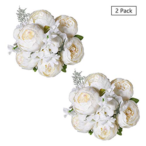 Tifuly 2 Piezas de Ramos de peonía Artificial, Ramo de Flores de imitación de peonías de Seda realistas para la decoración del Banquete de Boda en el hogar, arreglos Florales(Blanco Primavera)