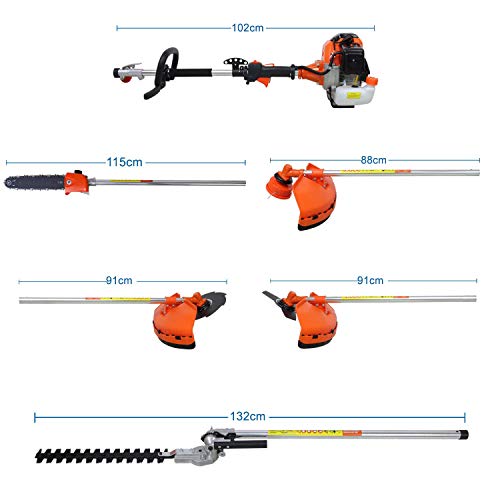 Todeco - Herramienta Múltiple de Gasolina, Herramienta de Jardín Multifunción, Naranja, 5 en 1, Desplazamiento del motor: 52 cm³, Función: Cortadora de hierbajos