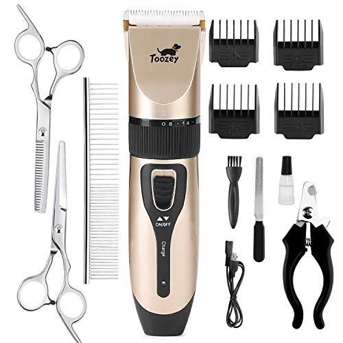 Toozey Cortapelos Perros Profesional para Cabello Grueso/Largo/Corto/Rizado - Kit de Maquina Cortar Pelo Perros de Silencioso Inalámbrico Recargable para Todas Las Mascotas, E-Book, Oro