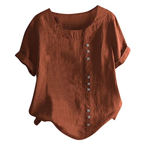 TUDUZ Blusas Mujer Manga Corta Verano Lino Camisas O-Cuello Botón Tops Tamaño M-5XL (MarróN.b, S)