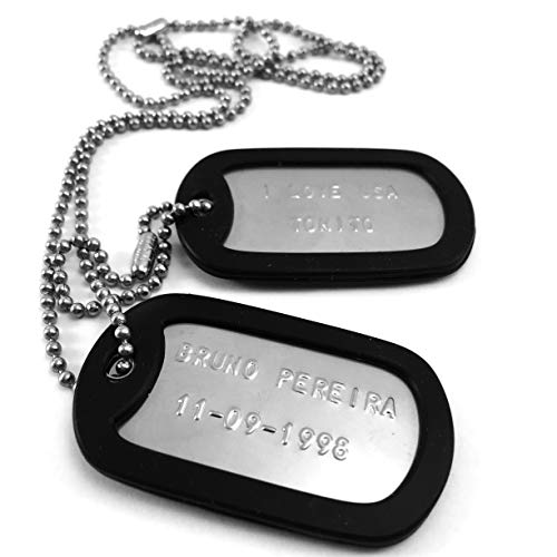 TusPlacas Chapas Militares Personalizadas de Acero INOX. Collar de Chapas Grabadas en Relieve. Colgante Estilo Ejército Americano. Grabado, Cadenas, Gomas y Bolsita de Tela de Regalo (Negro)