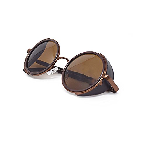 Ultra Marrón Marco Marrón Lentes Gafas de Sol Steampunk Retro Hombres y Mujeres Redondas Gótico Circulo Metal Cyber Lado Anteojeras UV400 Unisex