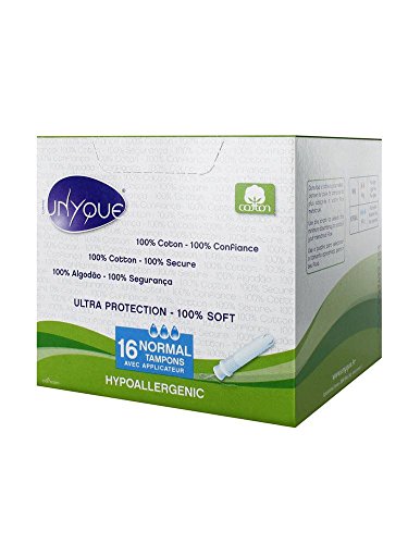 UNYQUE Tampones Algodon Puro 100% con Aplicador - Previene Irritaciones Hipoalergénicos Super Absorbentes Extra Suaves – Tamaño Regular – Apto Pieles Sensibles - 16 Unidades