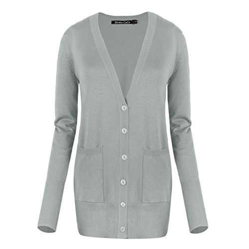 Urban GoCo Mujeres Chaqueta de Punto Básico de Manga Larga con Botones Rebecas Cárdigan (L, Gris Claro)