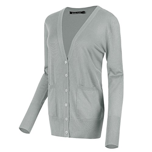 Urban GoCo Mujeres Chaqueta de Punto Básico de Manga Larga con Botones Rebecas Cárdigan (L, Gris Claro)