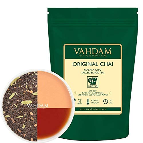 VAHDAM, Hojas de Té Chai Masala de la India (100 Tazas) | INGREDIENTES 100% NATURALES: Té Negro, Canela, Cardamomo, Clavo, Pimienta Negra | Sirve de TÉ FRÍO o Infusión de Chai Latte Caliente | 200g